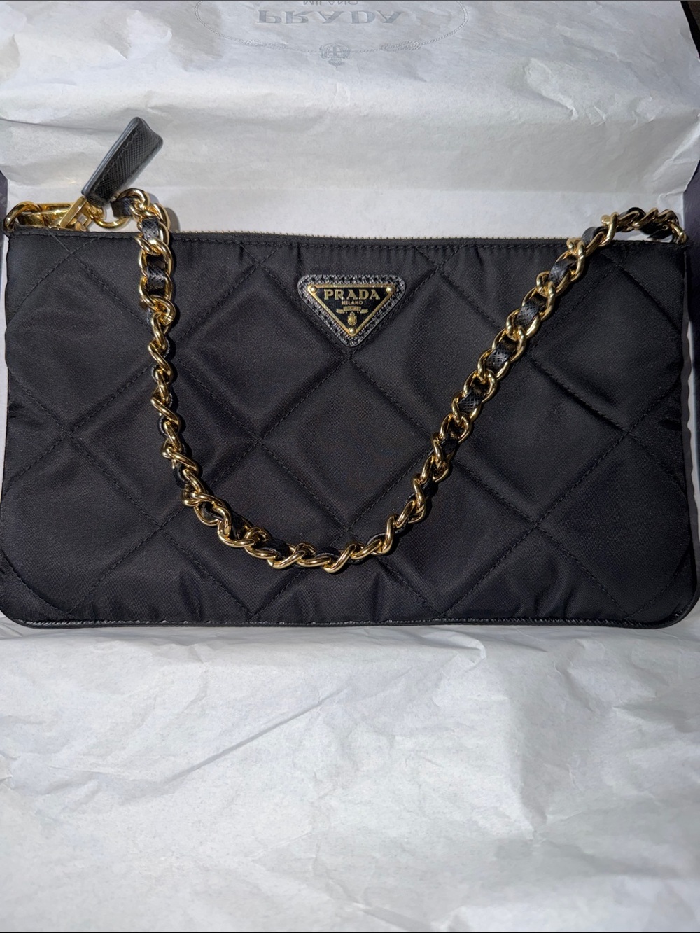 Prada Black Quilted Shoulder Bag with Gold Chain Strap
